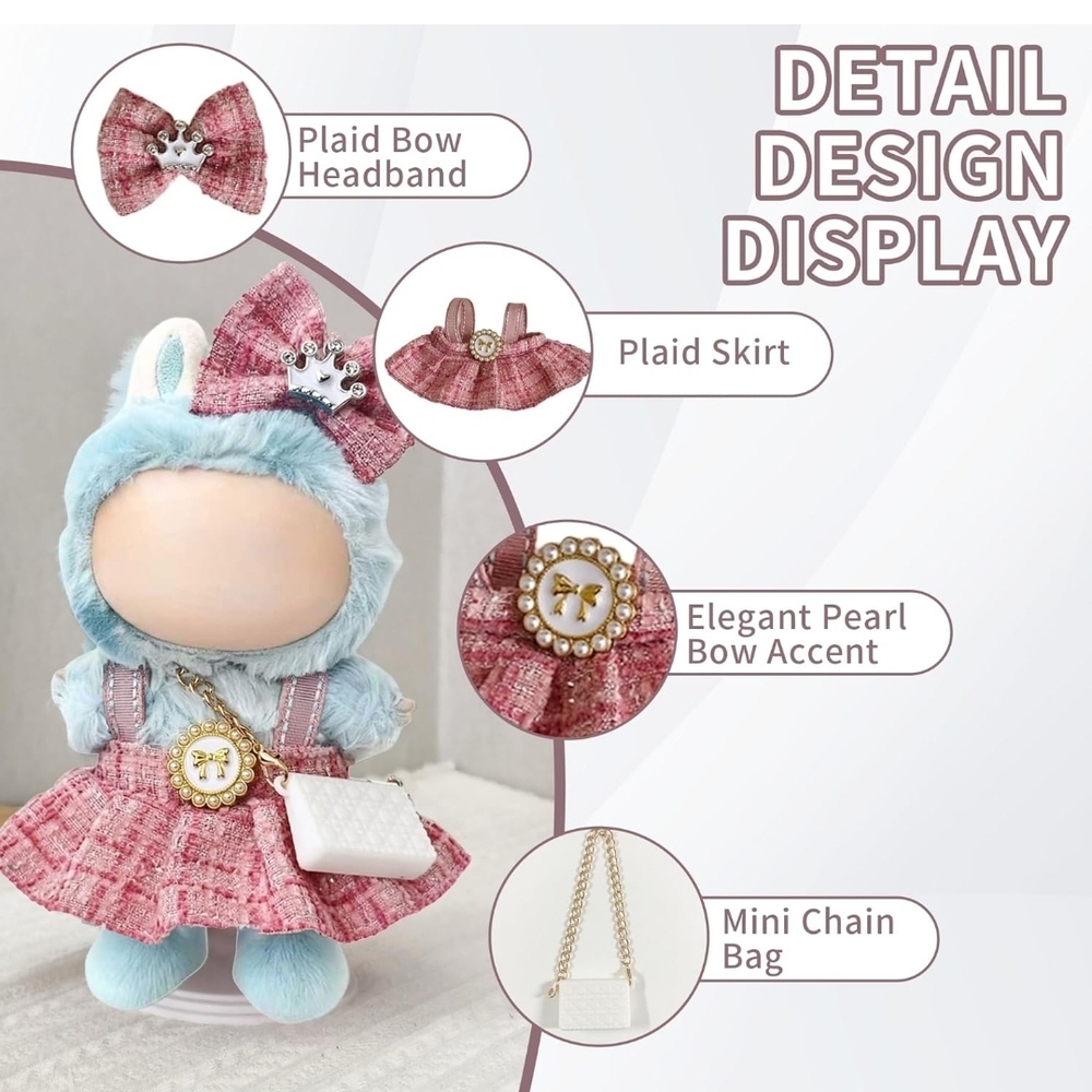 Labubu Plaid Bow Headband and Skirt Set for Doll